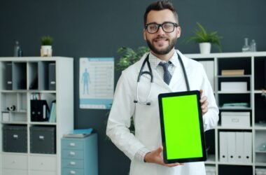 Doctor holding a tablet with a green screen.